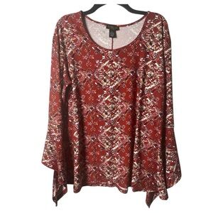 Forbidden Society Women’s Burgundy Flare Sleeve Top 2X Boho Print Stretch Artsy